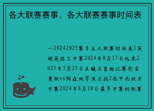 各大联赛赛事、各大联赛赛事时间表